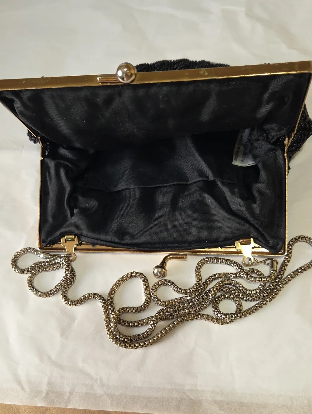 La Regale Vintage 1950's Black Beaded Shell-Style Clutch with Chain